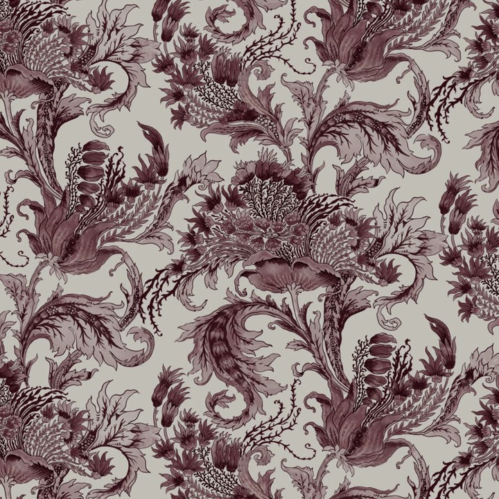 Ragged Poppy in Travertine and Blackcurrant — dark plum poppy on a pale grey travertine ground, high-contrast block-printed floral repeat flat wallpaper pattern preview