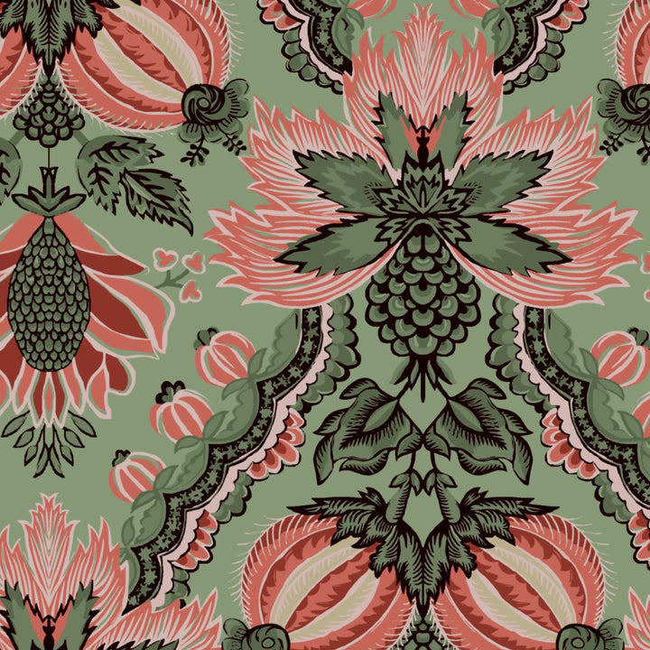 Flowering Pomegranate in eucalyptus and terracotta: an ogee lattice of lace borders framing a blossom held between two swelling pomegranates, translated from an 18th-century French block-printed quilt. flat wallpaper pattern preview