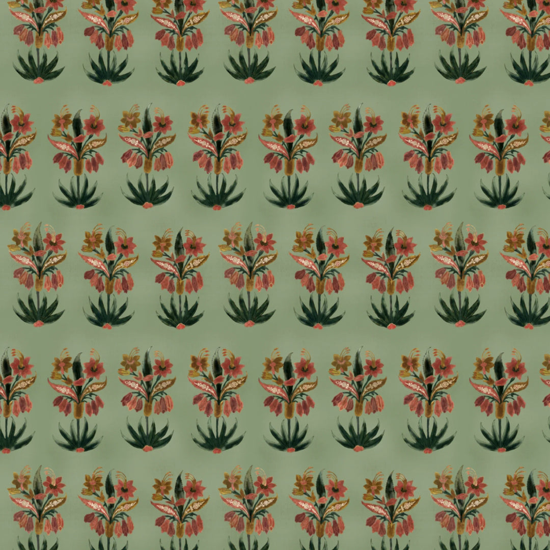 Red 17th century Indian chintz sprigs on a light green ground: flat wallpaper pattern preview
