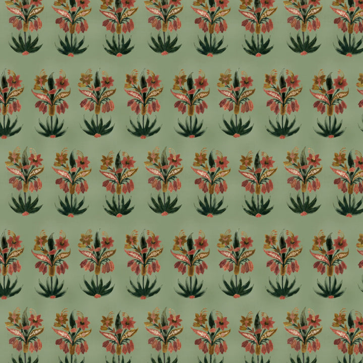 Red 17th century Indian chintz sprigs on a light green ground: flat wallpaper pattern preview