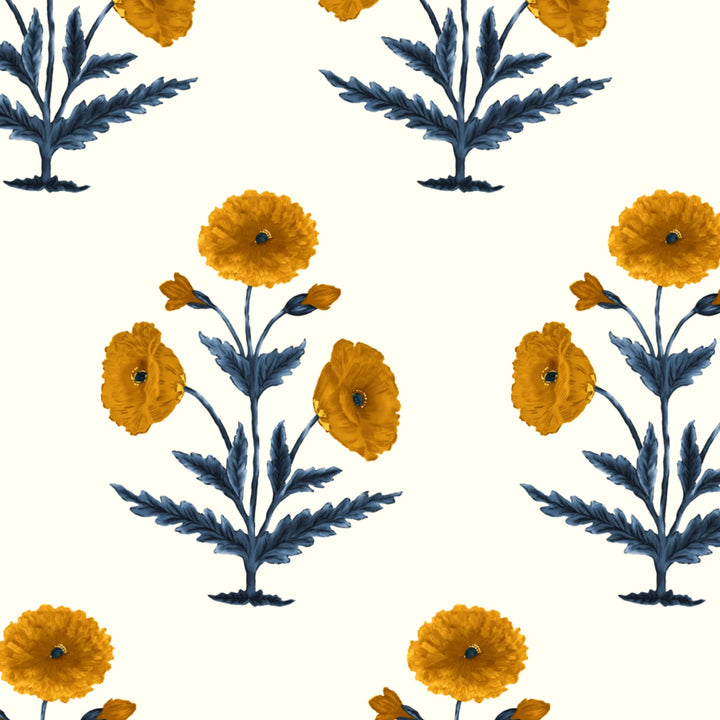 Yellow 17th century Mughal poppy plants on a white ground: flat wallpaper pattern preview