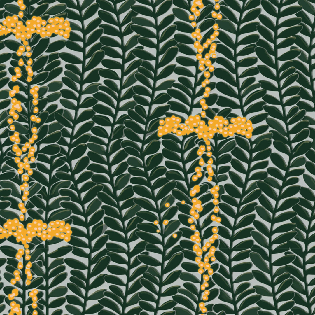 Dark green 1918 leaf sprays with yellow berries on a grey ground: flat wallpaper pattern preview