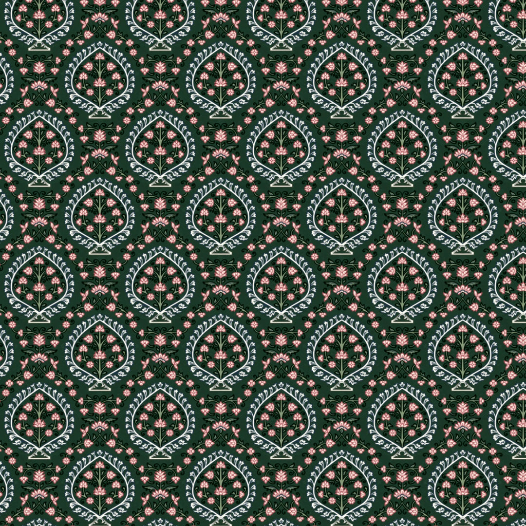 Varanasi Medallion in Forest Floor and Ivory — rose-pink flowers inside pale pointed medallions on a deep green ground flat wallpaper pattern preview