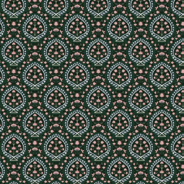 Varanasi Medallion in Forest Floor and Ivory — rose-pink flowers inside pale pointed medallions on a deep green ground flat wallpaper pattern preview