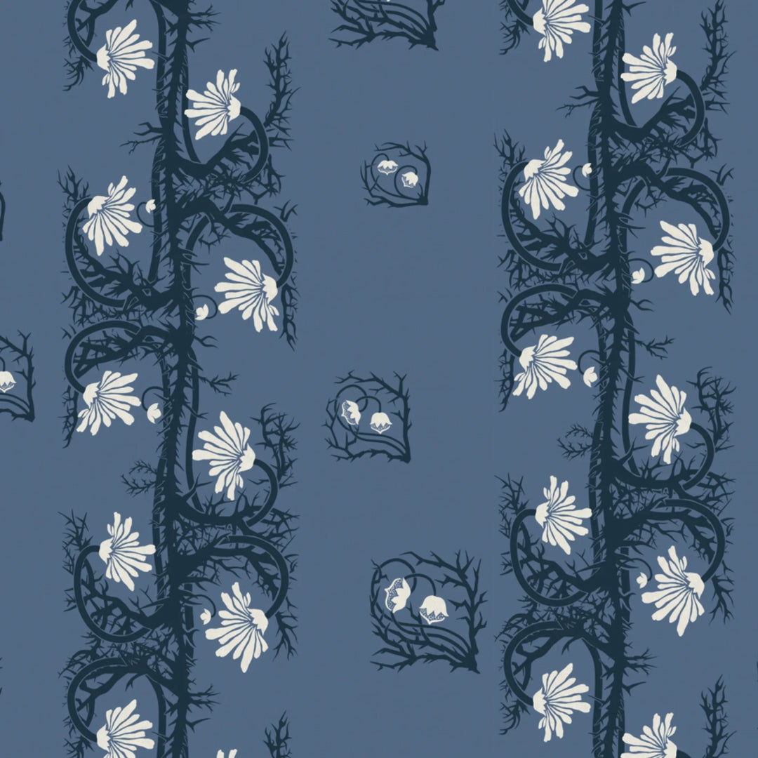 Marguerite in dusty blue and slate: spined, entwined stems forming vertical channels around massed daisy heads, translated from a c. 1904 Dutch linen damask finger towel by Cornelis van der Sluys. flat wallpaper pattern preview