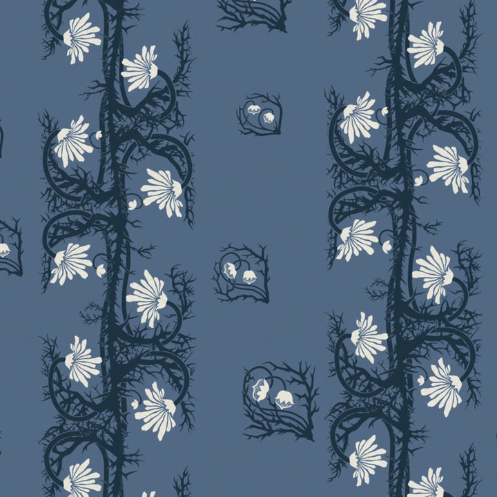 Marguerite in dusty blue and slate: spined, entwined stems forming vertical channels around massed daisy heads, translated from a c. 1904 Dutch linen damask finger towel by Cornelis van der Sluys. flat wallpaper pattern preview