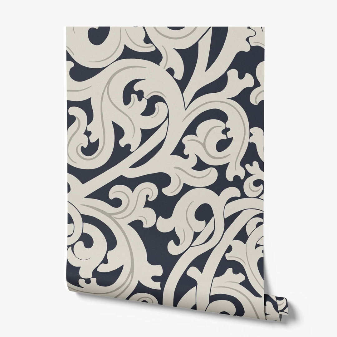 Large beige acanthus scroll motif on a navy ground: printed wallpaper roll