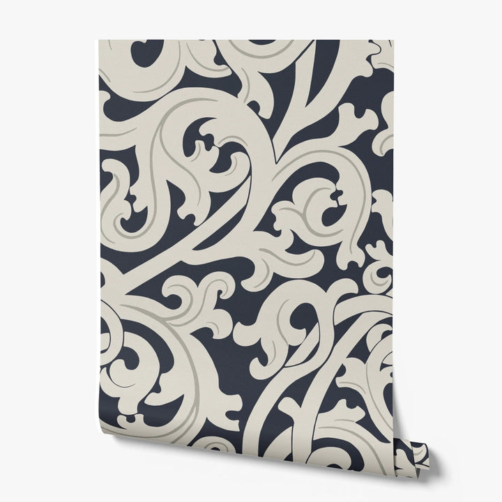 Large beige acanthus scroll motif on a navy ground: printed wallpaper roll