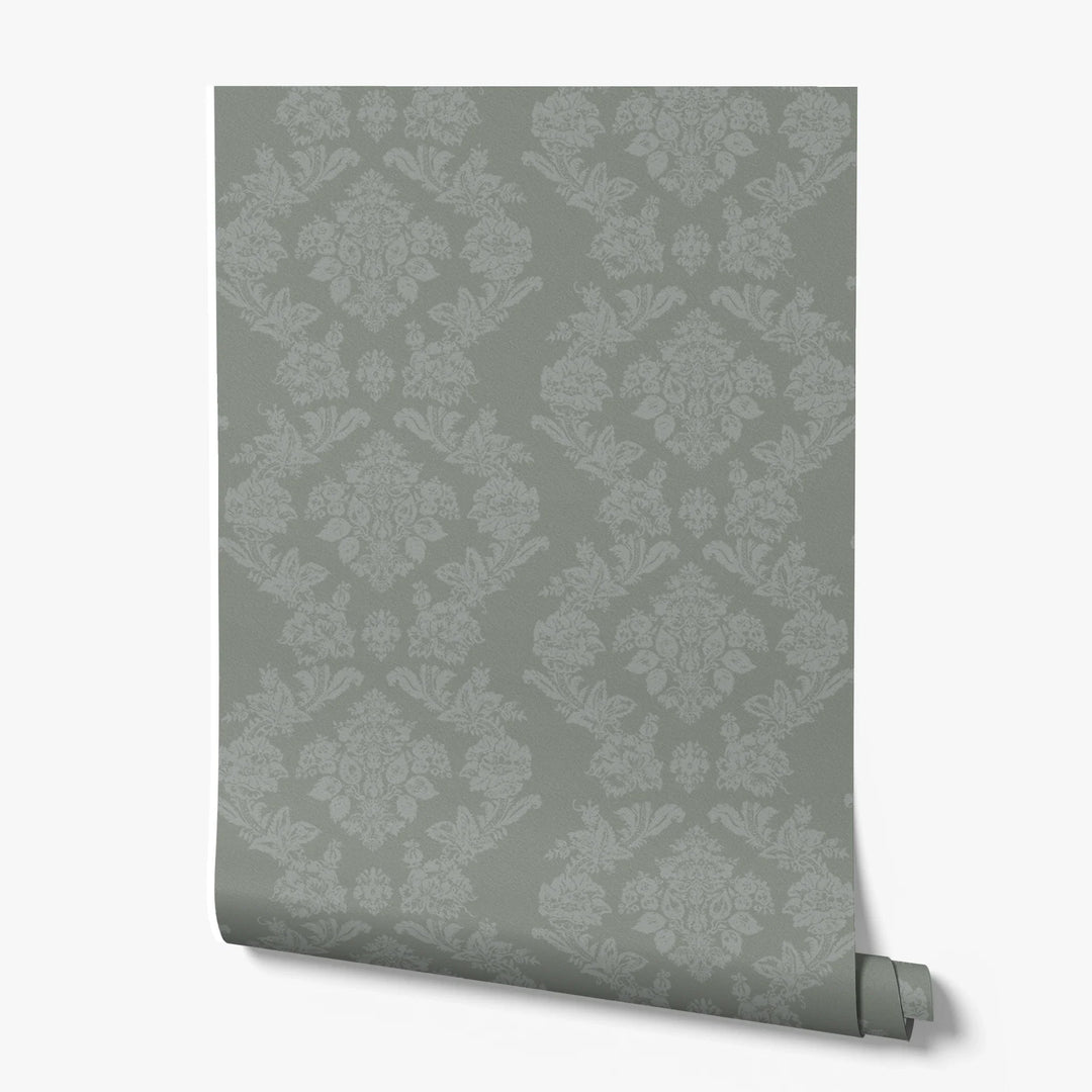 Grey-green early 20th century tone-on-tone brocade bouquets: printed wallpaper roll