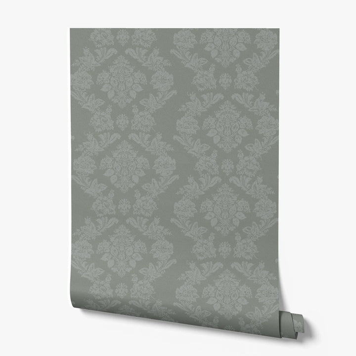 Grey-green early 20th century tone-on-tone brocade bouquets: printed wallpaper roll