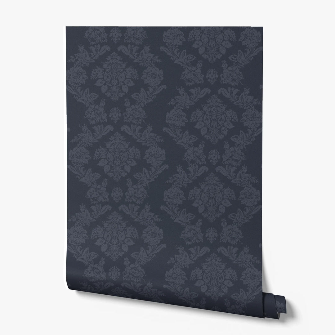 Navy early 20th century tone-on-tone brocade bouquets: printed wallpaper roll