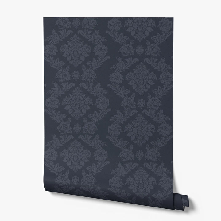 Navy early 20th century tone-on-tone brocade bouquets: printed wallpaper roll
