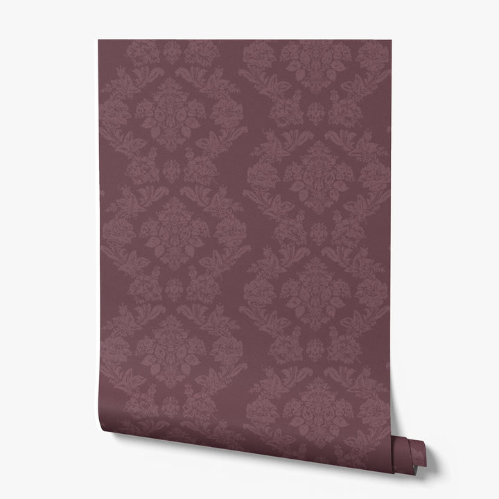 Dark purple early 20th century tone-on-tone brocade bouquets: printed wallpaper roll