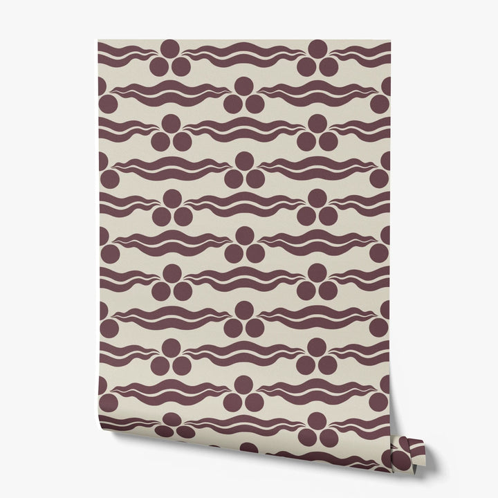 Chintamani Tiger in sandstone and blackcurrant: triple-disc chintamani roundels above paired wave bands, translated from a 15th-century Bursa silk velvet at The Metropolitan Museum of Art. printed wallpaper roll