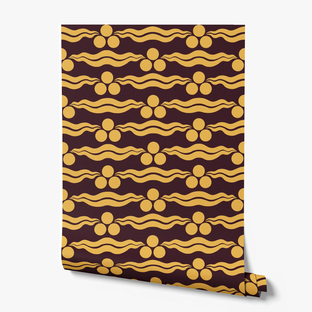 Chintamani Tiger in blackcurrant and marigold: triple-disc chintamani roundels above paired wave bands, translated from a 15th-century Bursa silk velvet at The Metropolitan Museum of Art. printed wallpaper roll