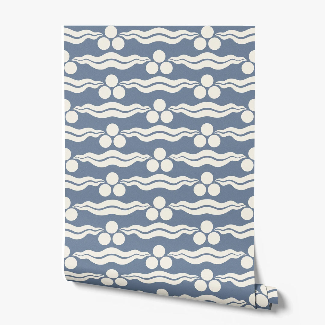 Chintamani Tiger in dusty blue and ivory: triple-disc chintamani roundels above paired wave bands, translated from a 15th-century Bursa silk velvet at The Metropolitan Museum of Art. printed wallpaper roll