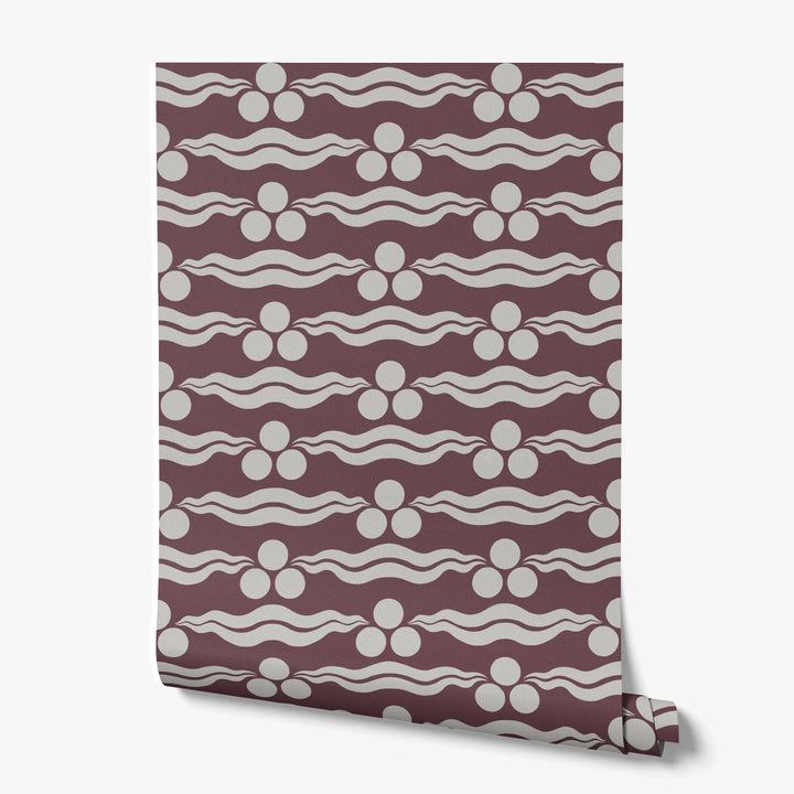 Chintamani Tiger in blackcurrant and travertine: triple-disc chintamani roundels above paired wave bands, translated from a 15th-century Bursa silk velvet at The Metropolitan Museum of Art. printed wallpaper roll