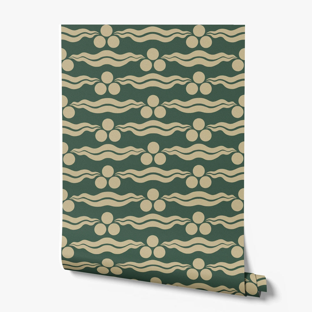 Chintamani Tiger in forest floor and flax: triple-disc chintamani roundels above paired wave bands, translated from a 15th-century Bursa silk velvet at The Metropolitan Museum of Art. printed wallpaper roll