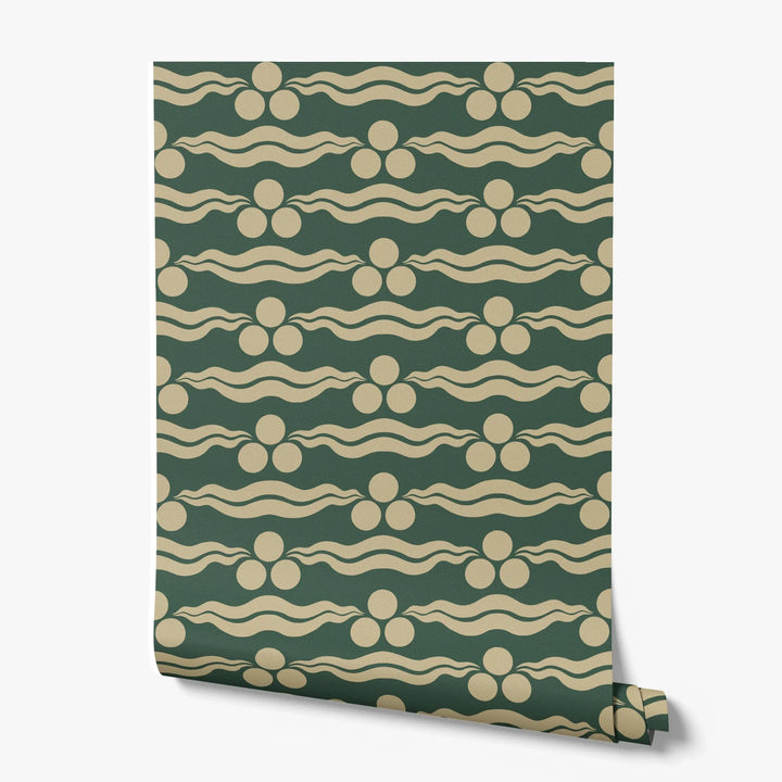 Chintamani Tiger in forest floor and flax: triple-disc chintamani roundels above paired wave bands, translated from a 15th-century Bursa silk velvet at The Metropolitan Museum of Art. printed wallpaper roll