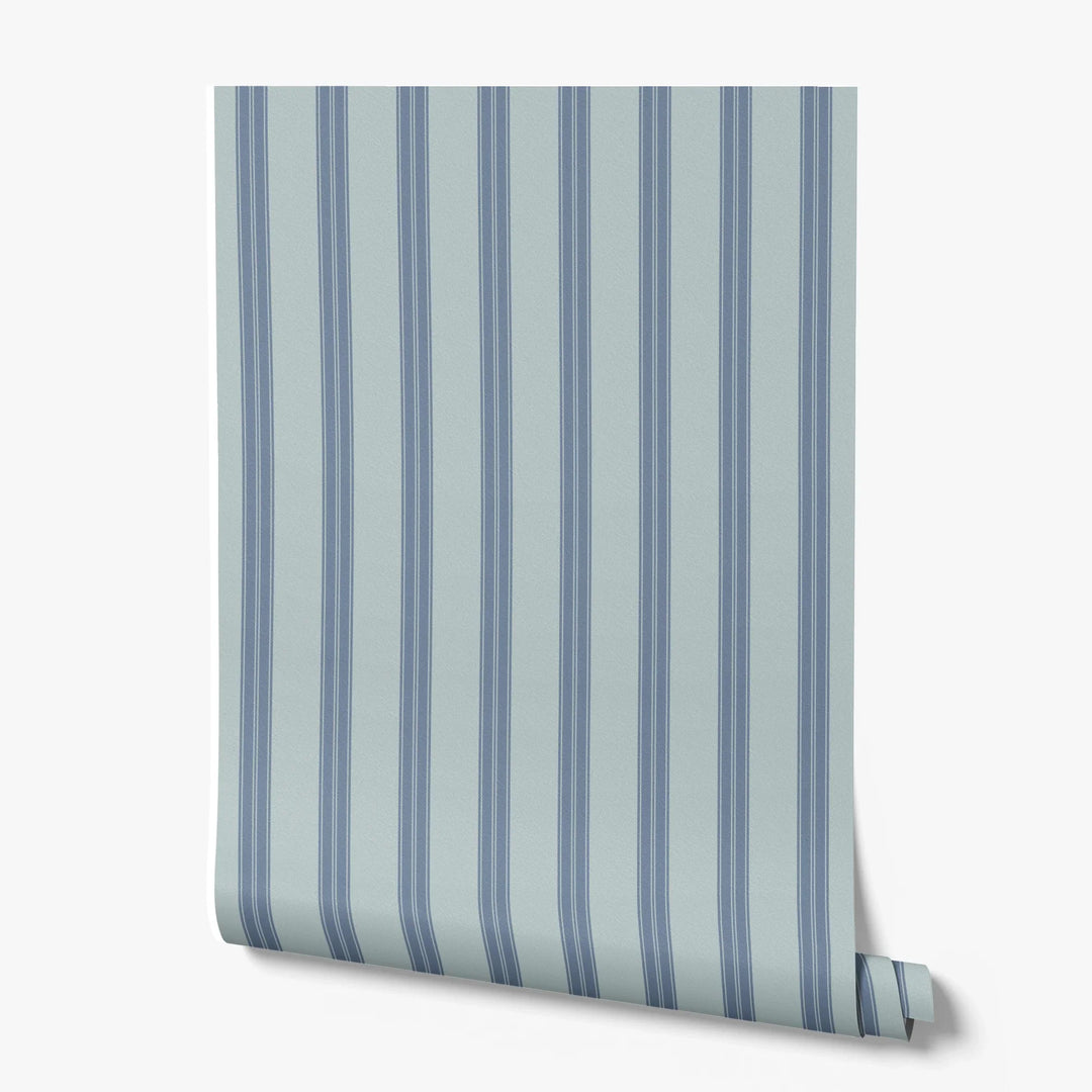 Muted blue 19th century double-band stripe on a pale grey ground: printed wallpaper roll