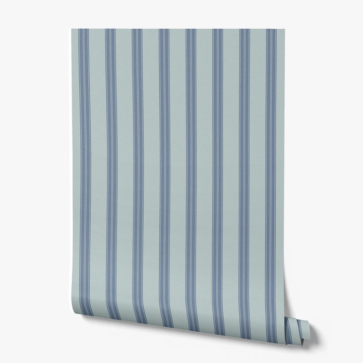 Muted blue 19th century double-band stripe on a pale grey ground: printed wallpaper roll