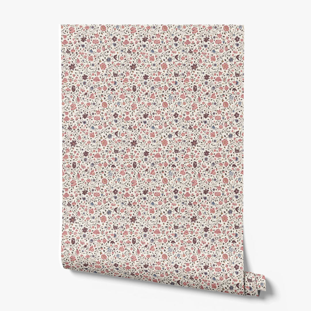 Red 18th century Indian chintz vine on a white ground: printed wallpaper roll