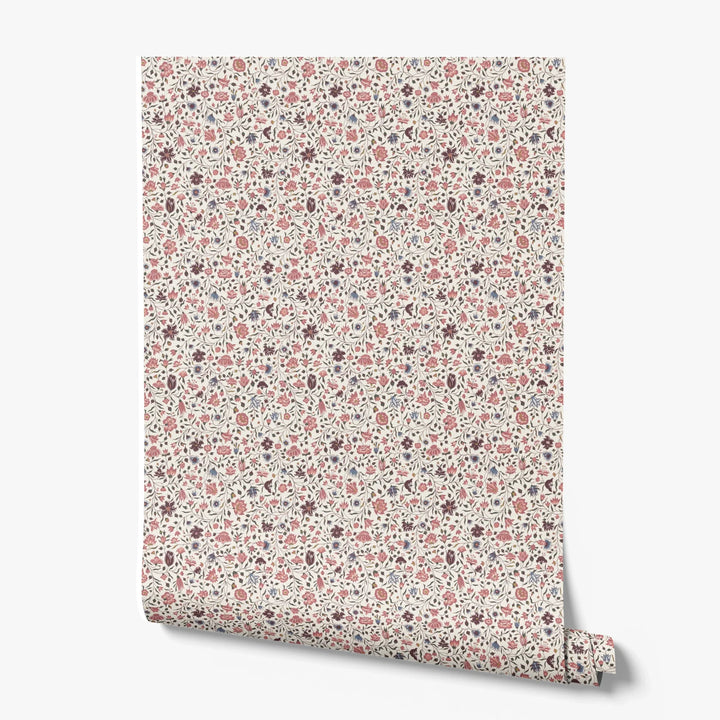 Red 18th century Indian chintz vine on a white ground: printed wallpaper roll