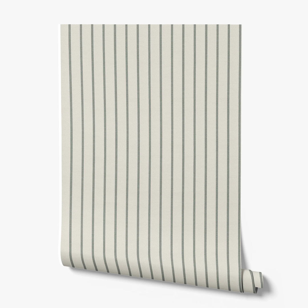 Grey-green woven-texture pencil stripe on a beige ground: printed wallpaper roll