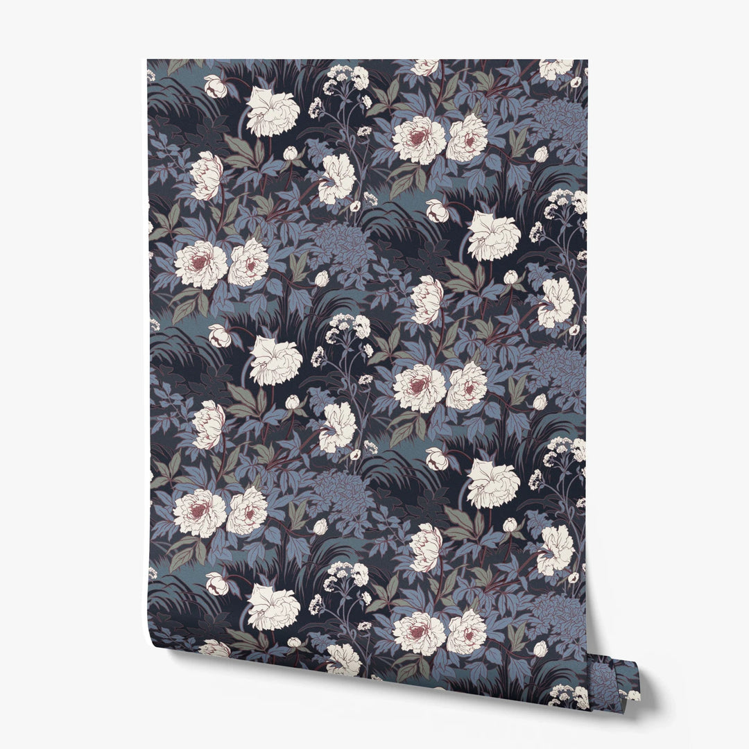 White 1890s Art Nouveau blooms and grasses on a navy ground: printed wallpaper roll