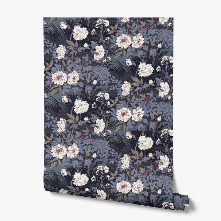 White 1890s Art Nouveau blooms and grasses on a navy ground: printed wallpaper roll