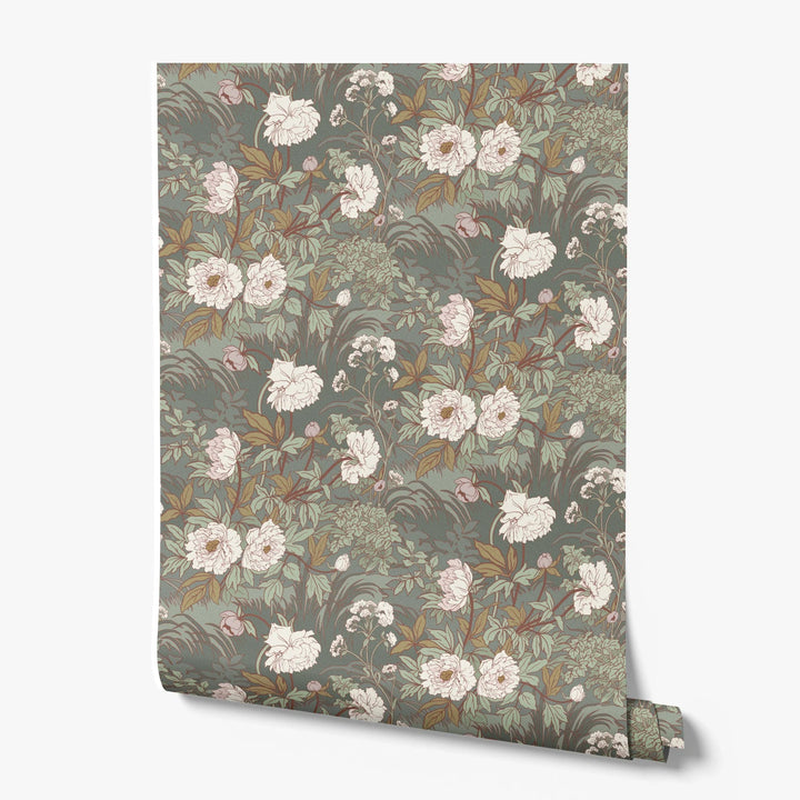 White 1890s Art Nouveau blooms and grasses on a grey-green ground: printed wallpaper roll