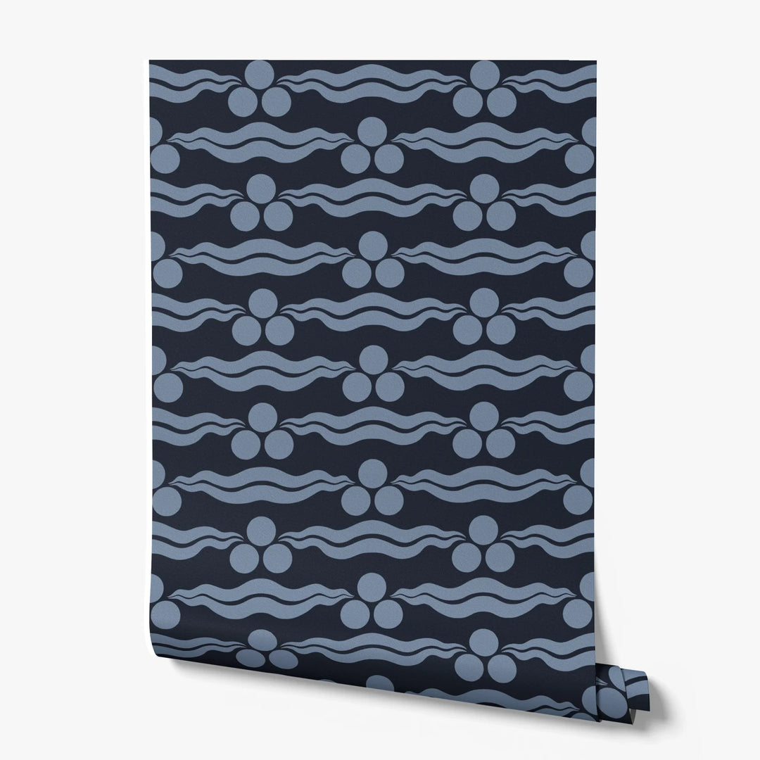 Chintamani Tiger in indigo and dusty blue: triple-disc chintamani roundels above paired wave bands, translated from a 15th-century Bursa silk velvet at The Metropolitan Museum of Art. printed wallpaper roll