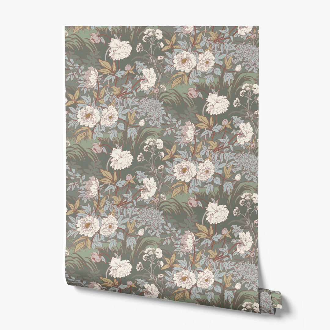 Pale grey 1890s Art Nouveau blooms and grasses on a grey-green ground: printed wallpaper roll
