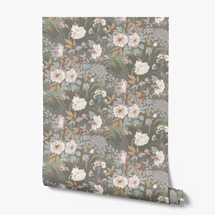 Pale grey 1890s Art Nouveau blooms and grasses on a grey-green ground: printed wallpaper roll