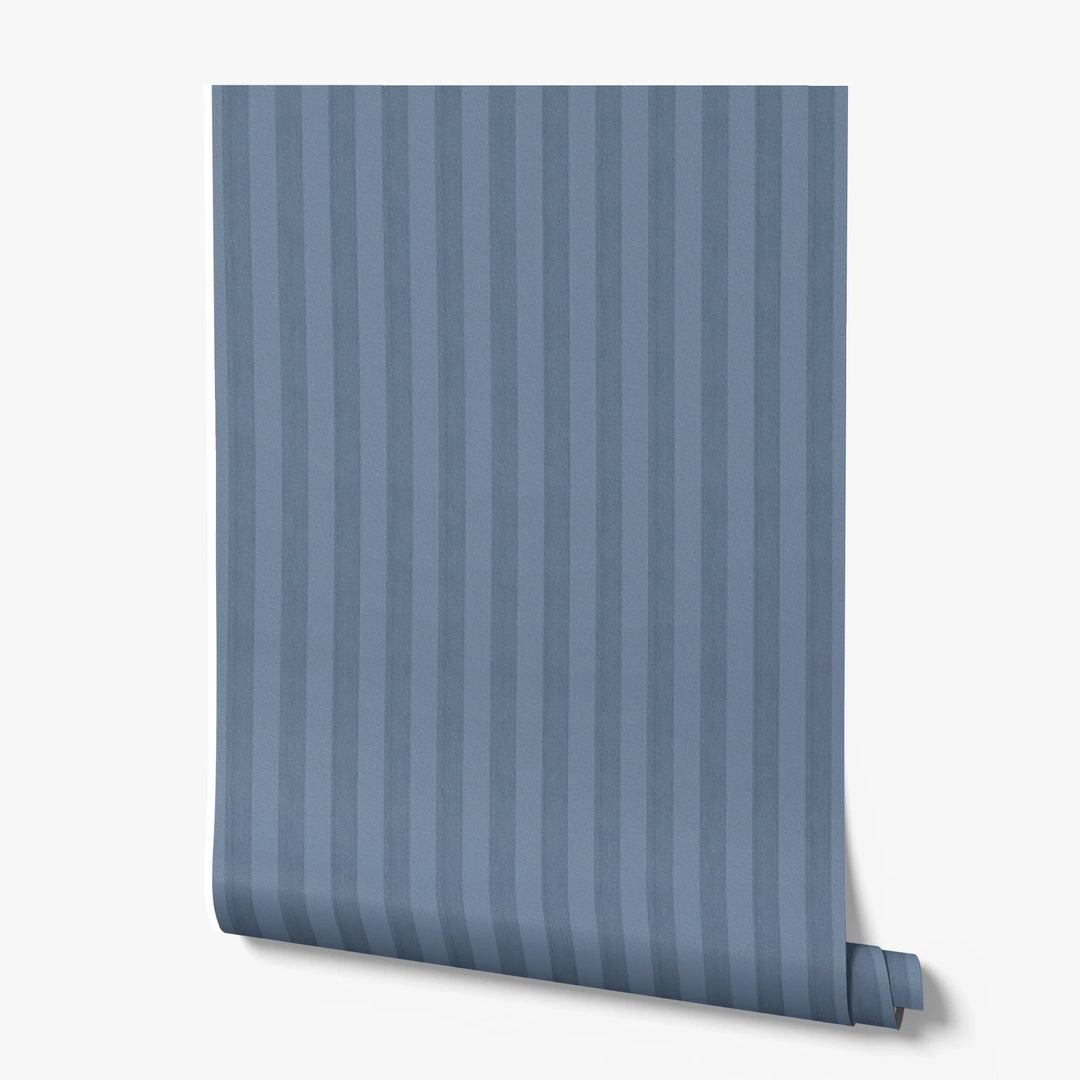 Muted blue 19th century equal-width stripe, deeper bands striated: printed wallpaper roll
