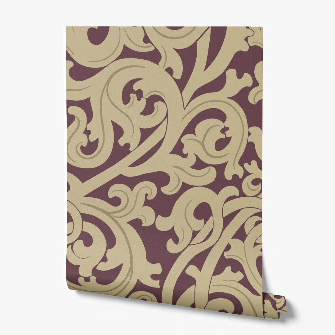 Large gold acanthus scroll motif on a red ground: printed wallpaper roll