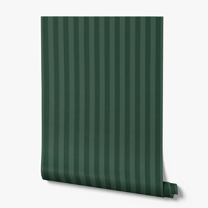 Deep green 19th century equal-width stripe, darker bands striated: printed wallpaper roll