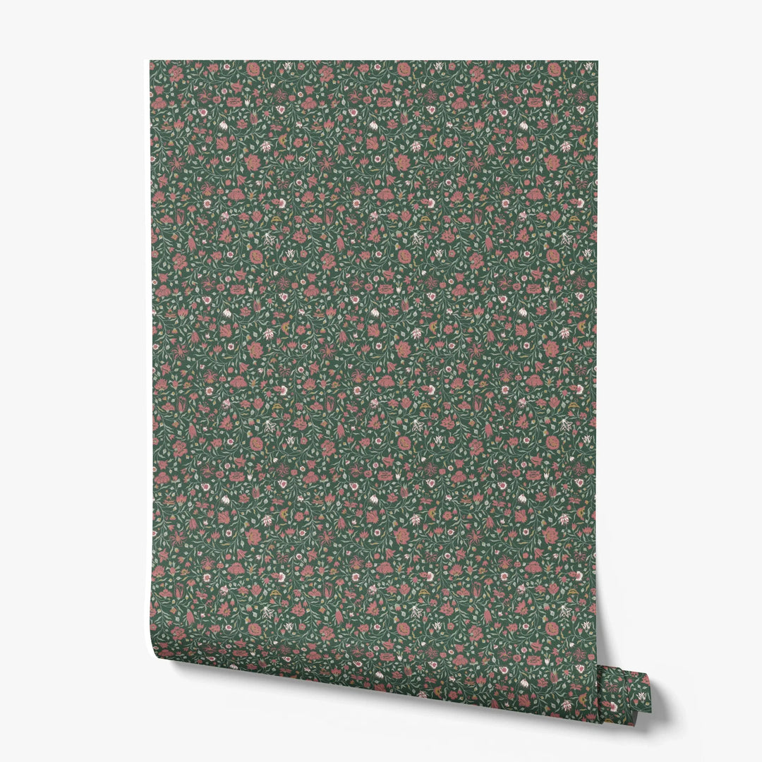 Red 18th century Indian chintz vine on a dark green ground: printed wallpaper roll