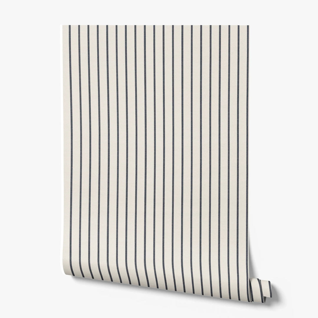 Navy woven-texture pencil stripe on a white ground: printed wallpaper roll