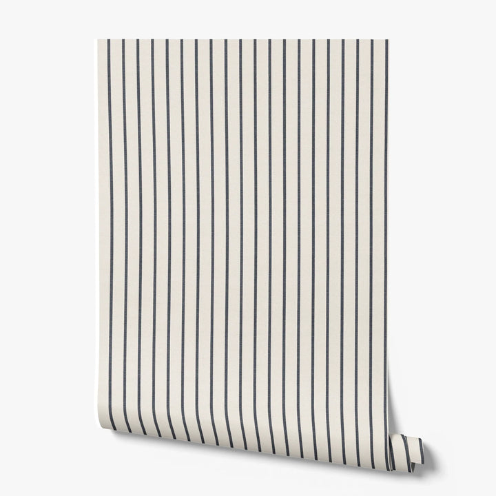 Navy woven-texture pencil stripe on a white ground: printed wallpaper roll