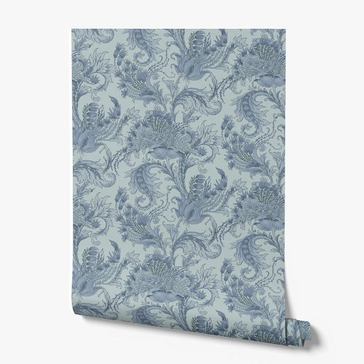 Ragged Poppy in Mist and Dusty Blue — mid-blue poppy on a soft blue-grey ground, large-scale block-printed floral repeat printed wallpaper roll