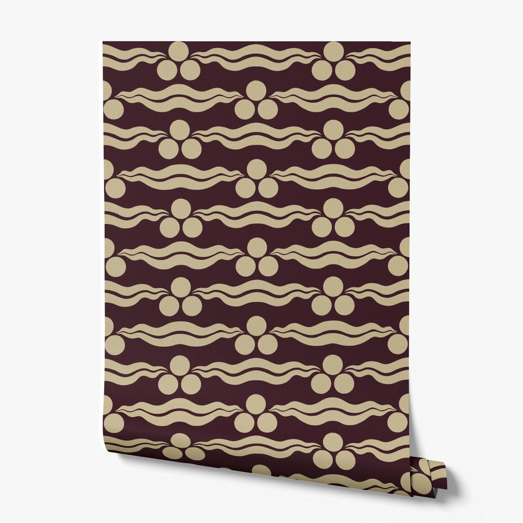 Chintamani Tiger in blackcurrant and flax: triple-disc chintamani roundels above paired wave bands, translated from a 15th-century Bursa silk velvet at The Metropolitan Museum of Art. printed wallpaper roll