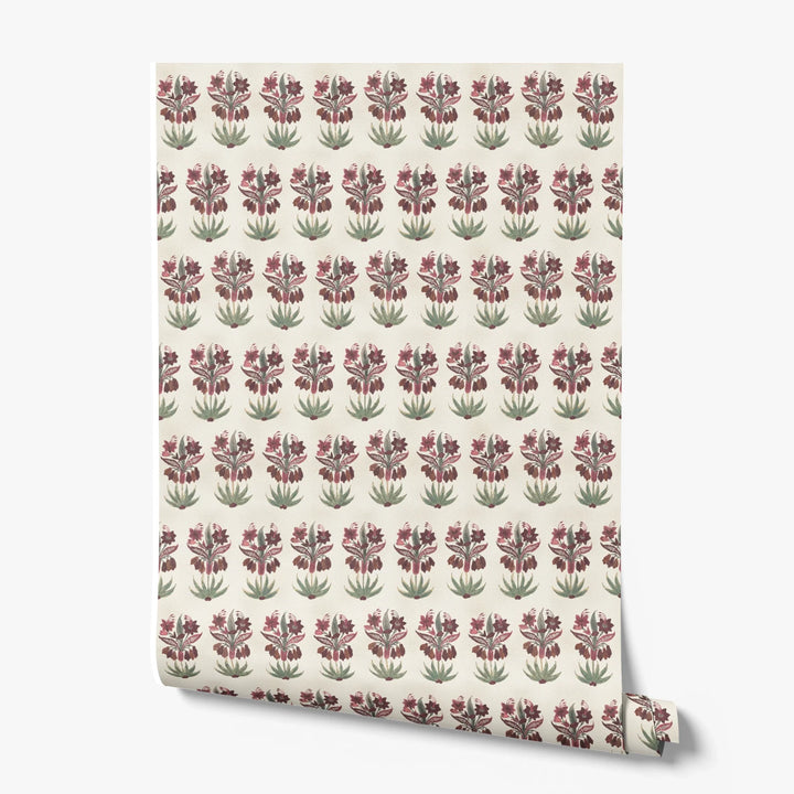 Dark purple 17th century Indian chintz sprigs on a white ground: printed wallpaper roll