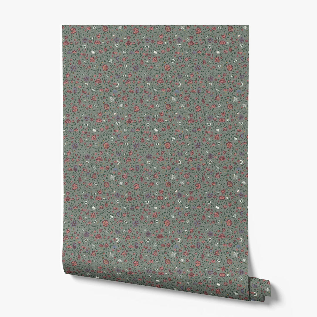 Dark purple 18th century Indian chintz vine on a grey-green ground: printed wallpaper roll