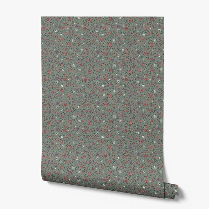 Dark purple 18th century Indian chintz vine on a grey-green ground: printed wallpaper roll