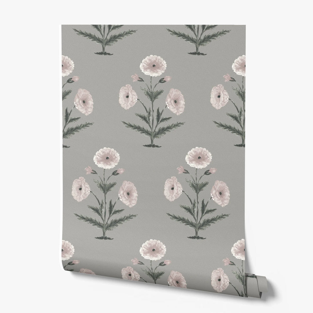 Pale pink 17th century Mughal poppy plants on a grey ground: printed wallpaper roll