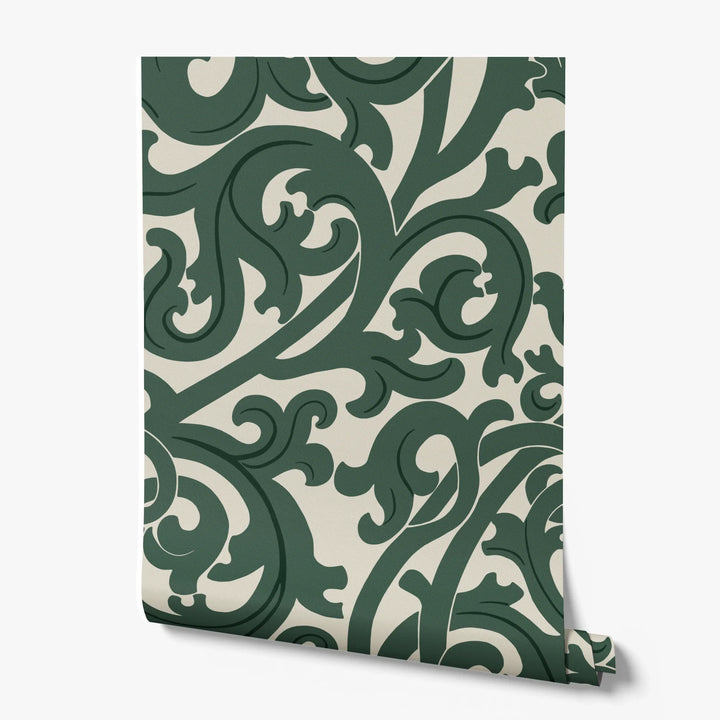 Large green acanthus scroll motif on a beige ground: printed wallpaper roll
