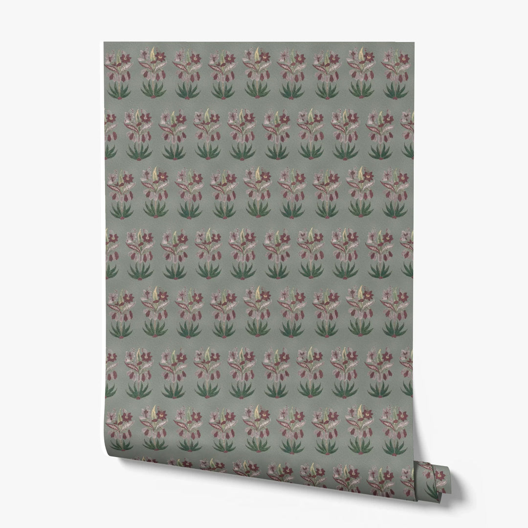 Dark purple 17th century Indian chintz sprigs on a grey-green ground: printed wallpaper roll