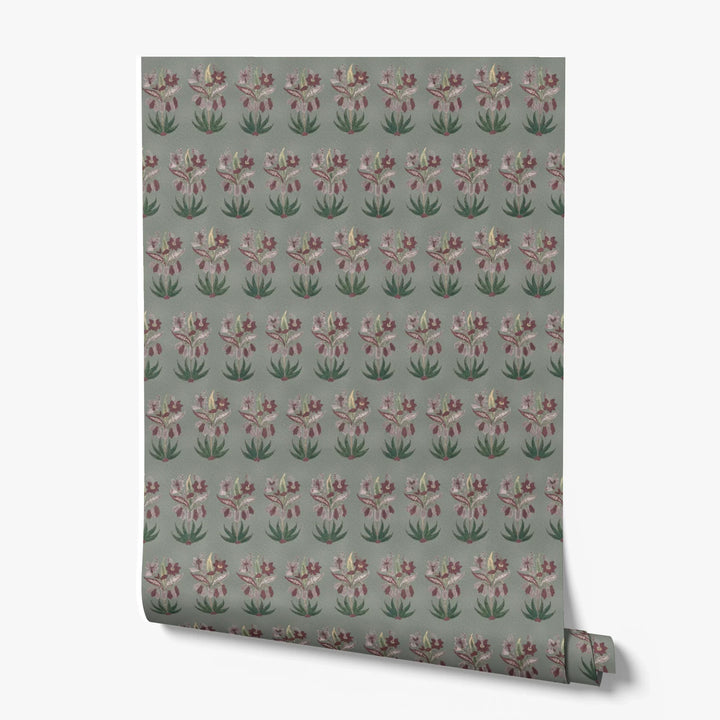 Dark purple 17th century Indian chintz sprigs on a grey-green ground: printed wallpaper roll