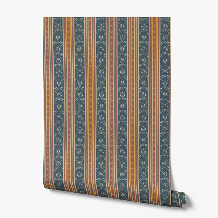 Blue-grey and red 18th century floral and lattice stripe: printed wallpaper roll